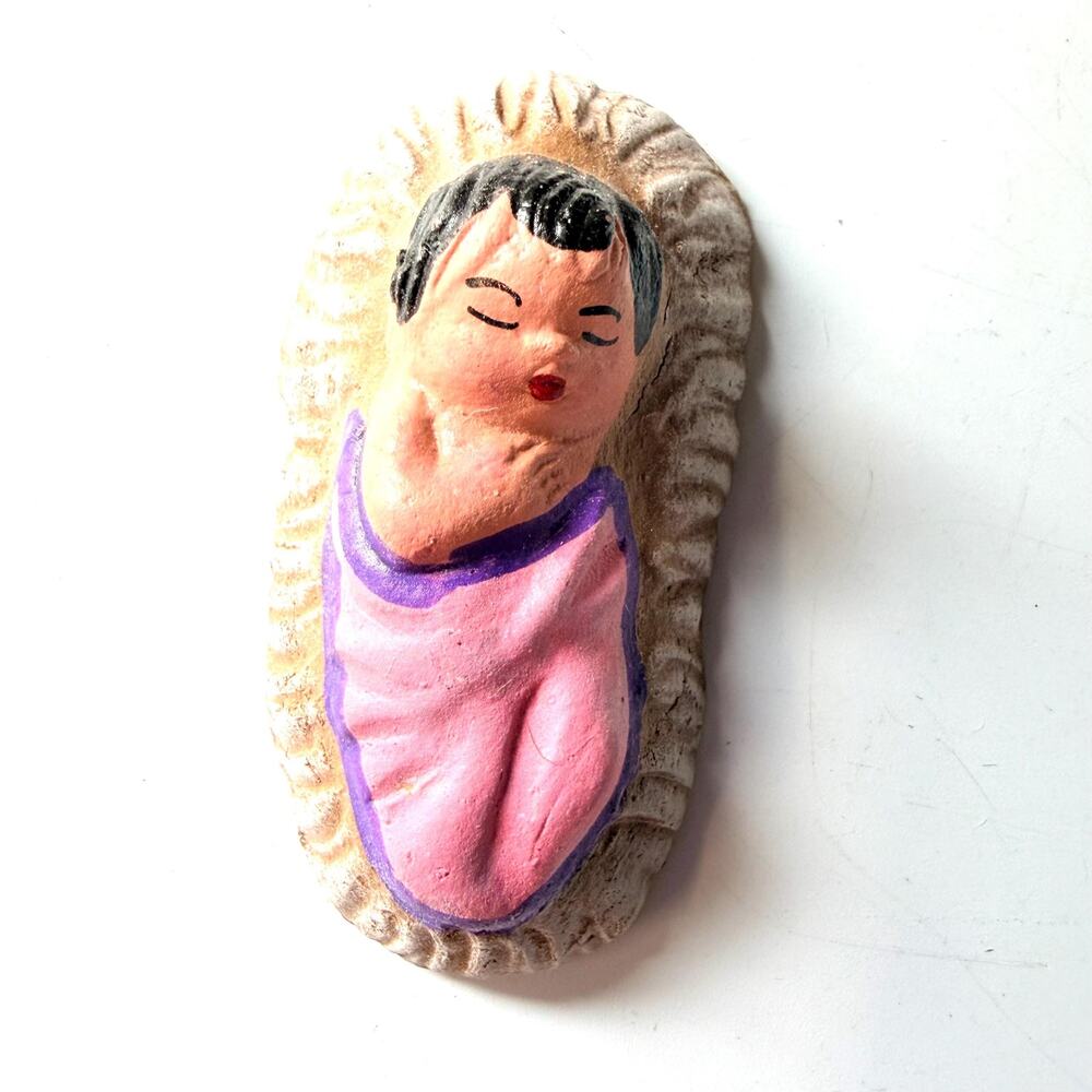 Vintage Tonala Mexican Folk Art Clay Pottery Baby Jesus Nativity Figurine